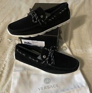 NEW mens VERSACE Black Suede MEDUSA LOGO Driver CHAIN REACTION LOAFERS